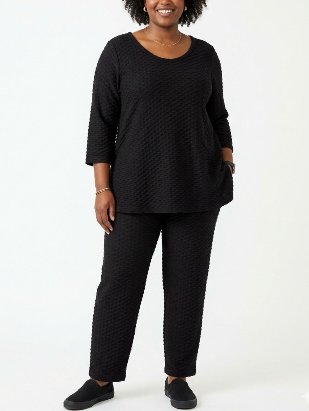 Marissa Olivia Black Honeycomb Patterned Top and Elastic Pants Set Size 1X